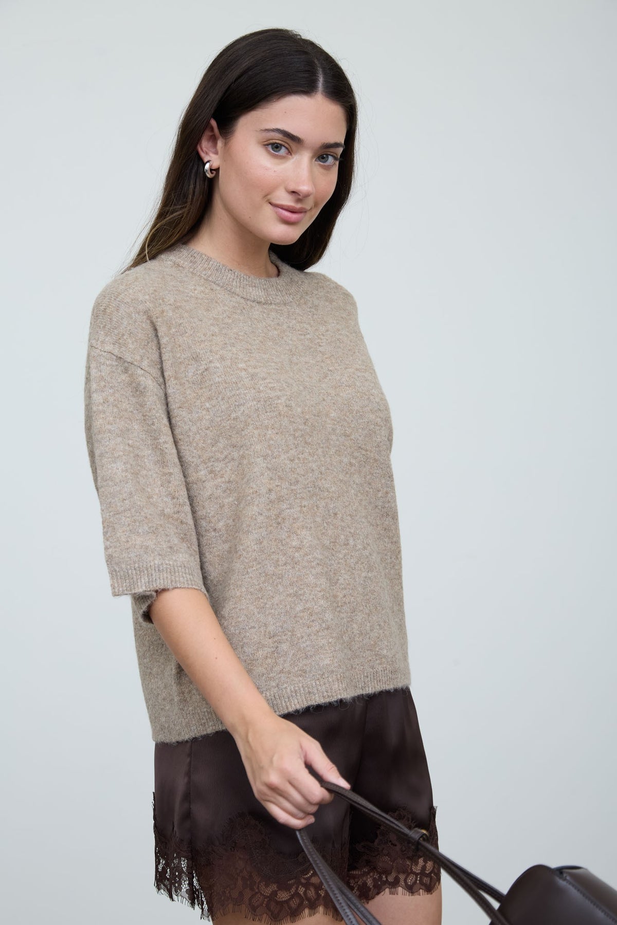 Heathered Crew Neck Half Sleeve Boxy Pullover in Tan