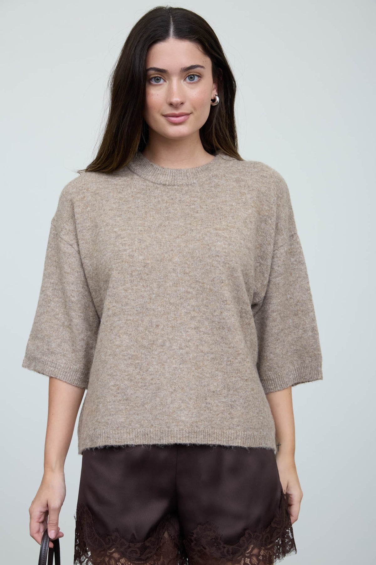 Heathered Crew Neck Half Sleeve Boxy Pullover in Tan