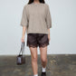 Heathered Crew Neck Half Sleeve Boxy Pullover in Tan