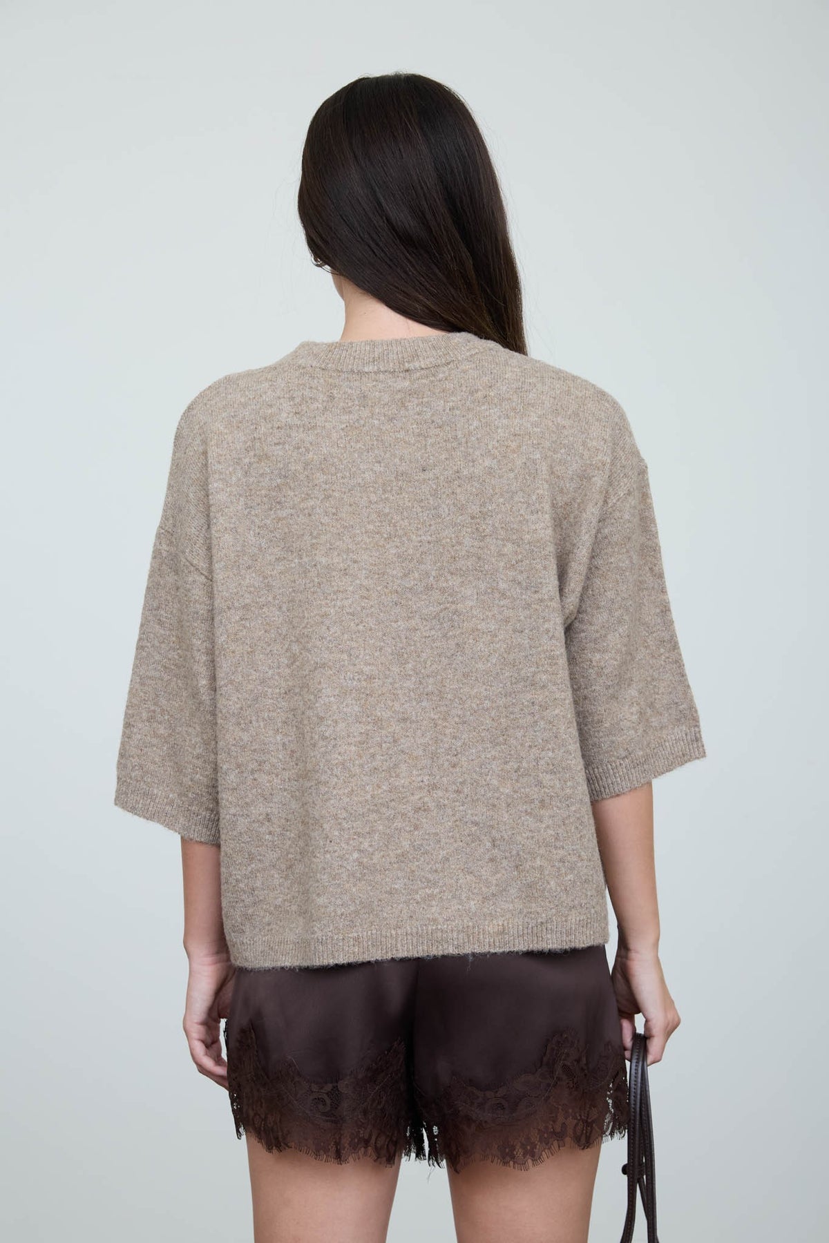 Heathered Crew Neck Half Sleeve Boxy Pullover in Tan