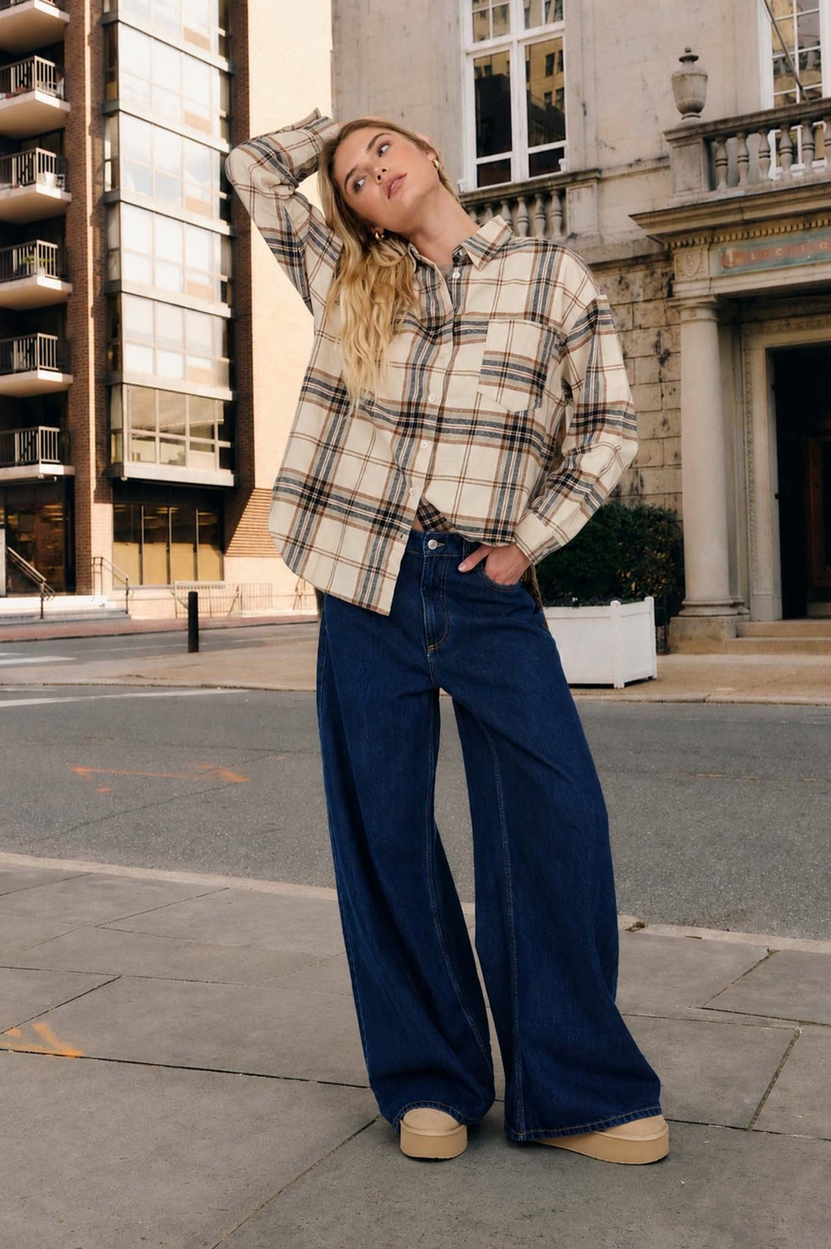 Elise Plaid Boxy Button Down Collared Long Sleeve Shirt