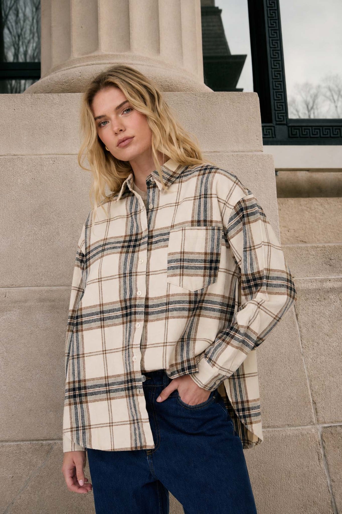 Elise Plaid Boxy Button Down Collared Long Sleeve Shirt