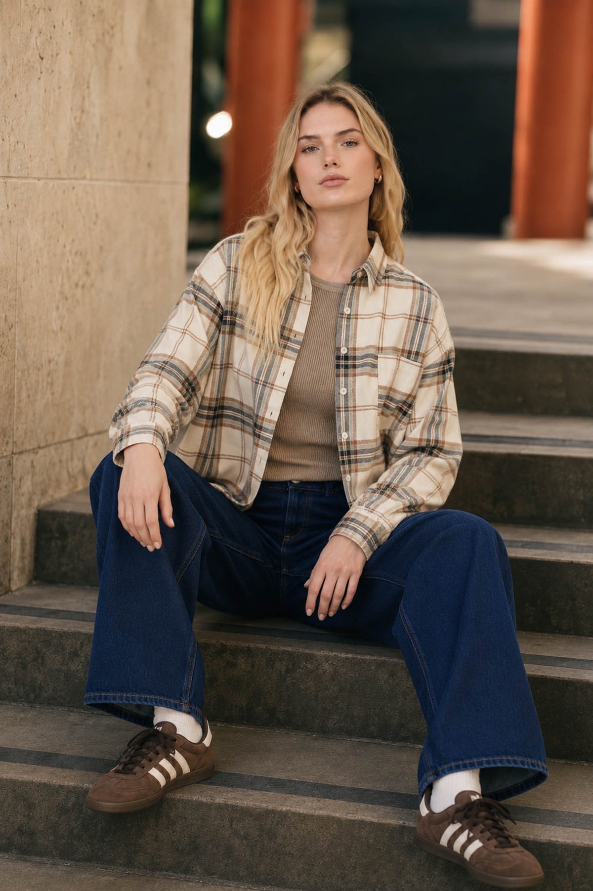 Elise Plaid Boxy Button Down Collared Long Sleeve Shirt