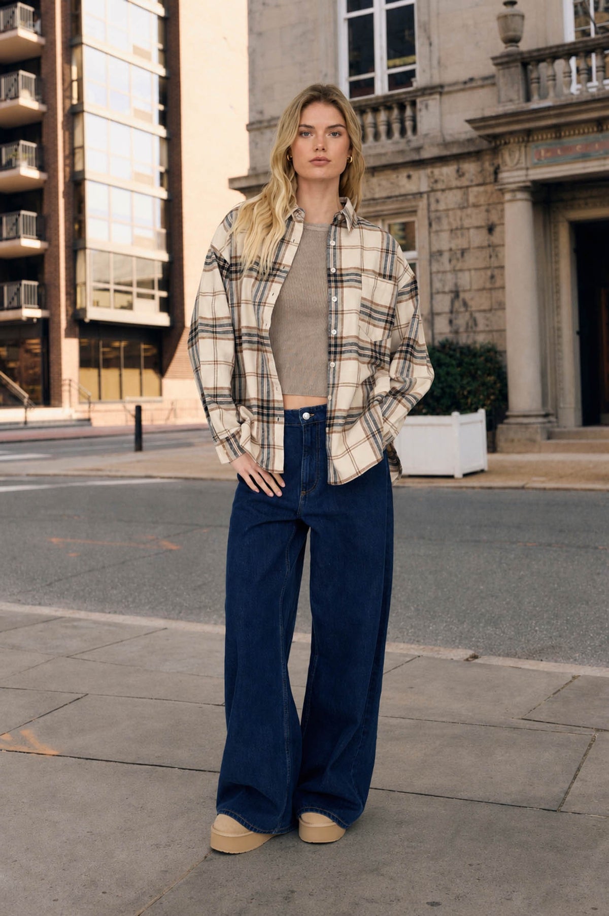 Elise Plaid Boxy Button Down Collared Long Sleeve Shirt