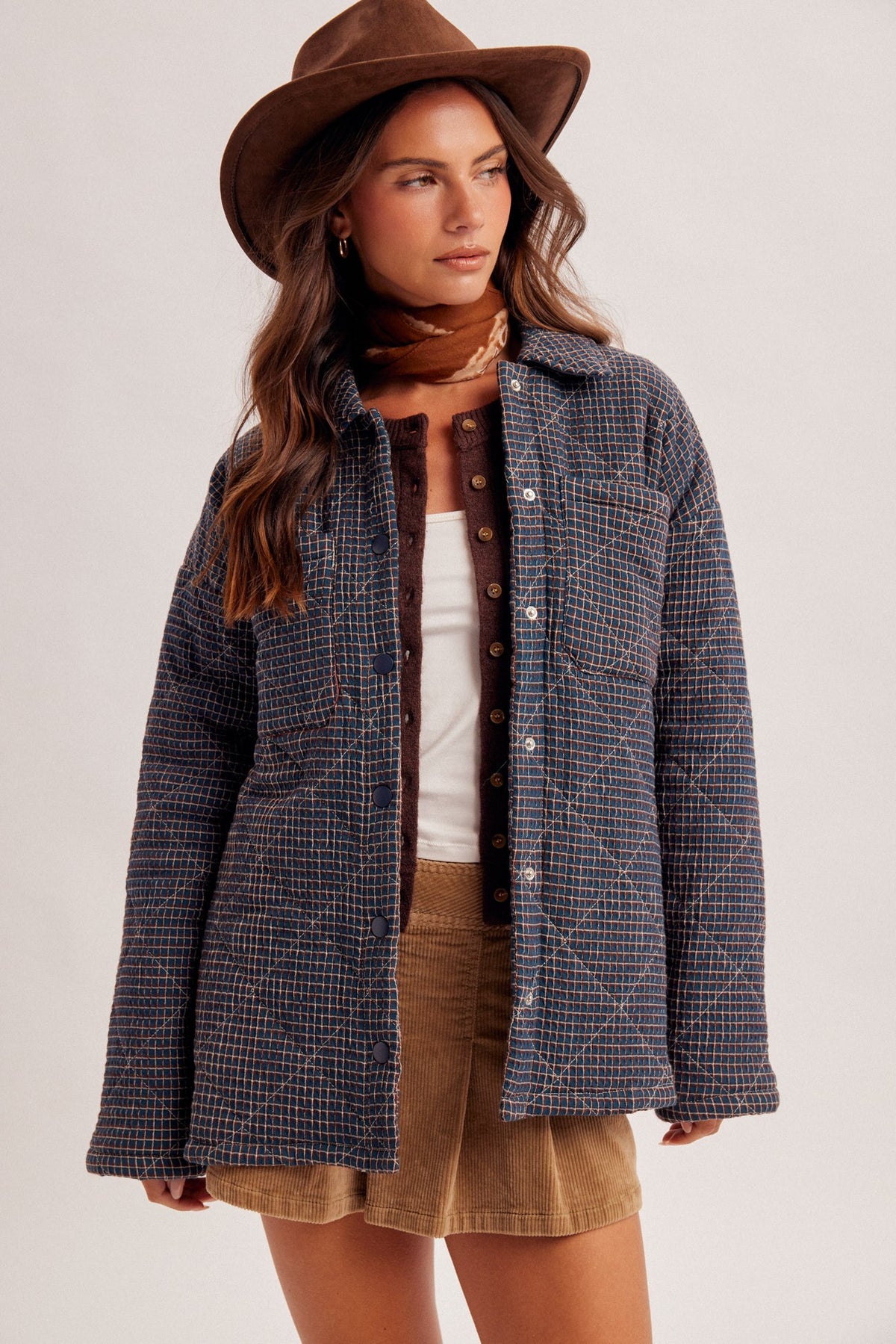 Katelynn Navy Checker Print Button Front Side Slit Oversized Puffer Jacket