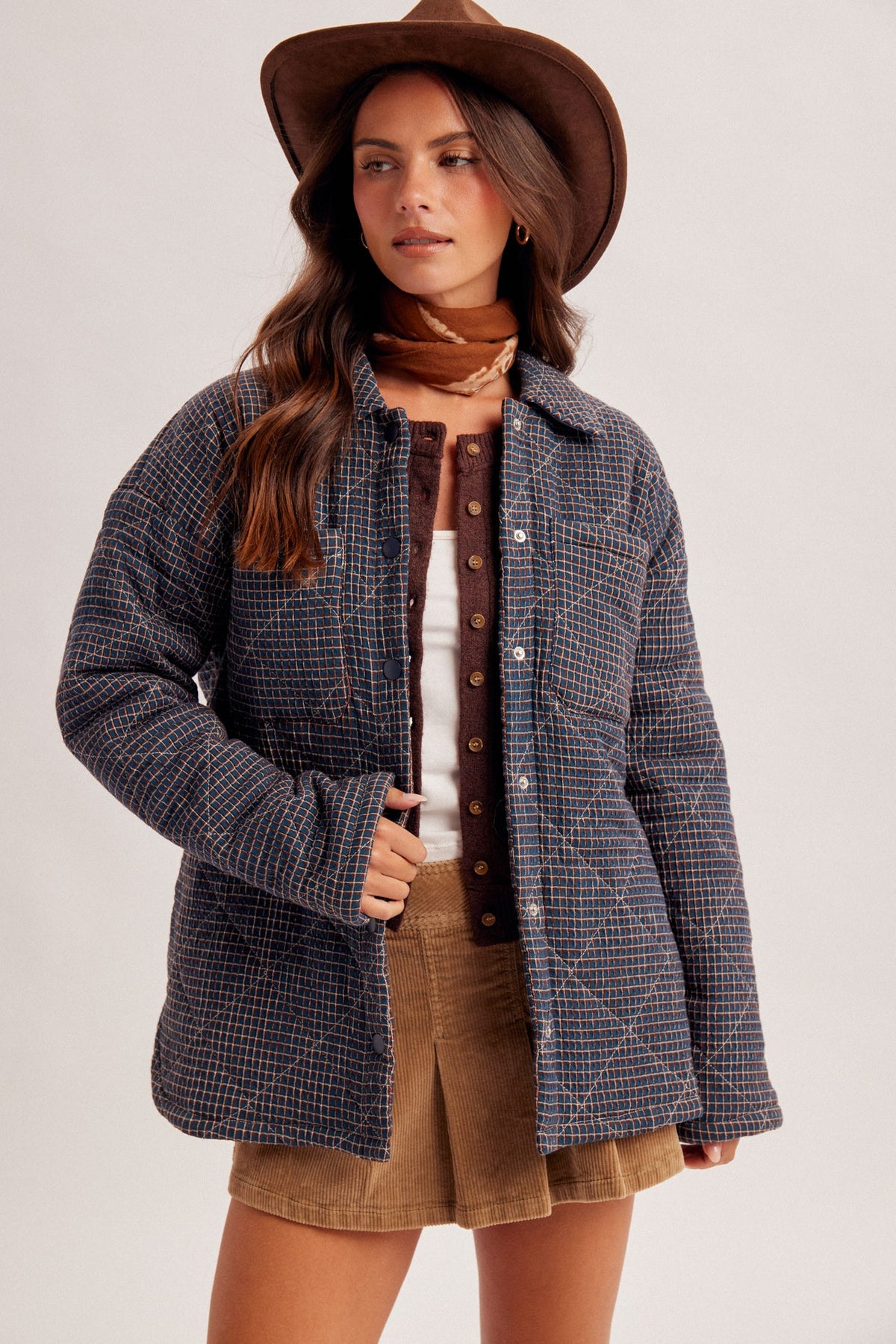 Katelynn Navy Checker Print Button Front Side Slit Oversized Puffer Jacket