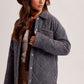 Katelynn Navy Checker Print Button Front Side Slit Oversized Puffer Jacket