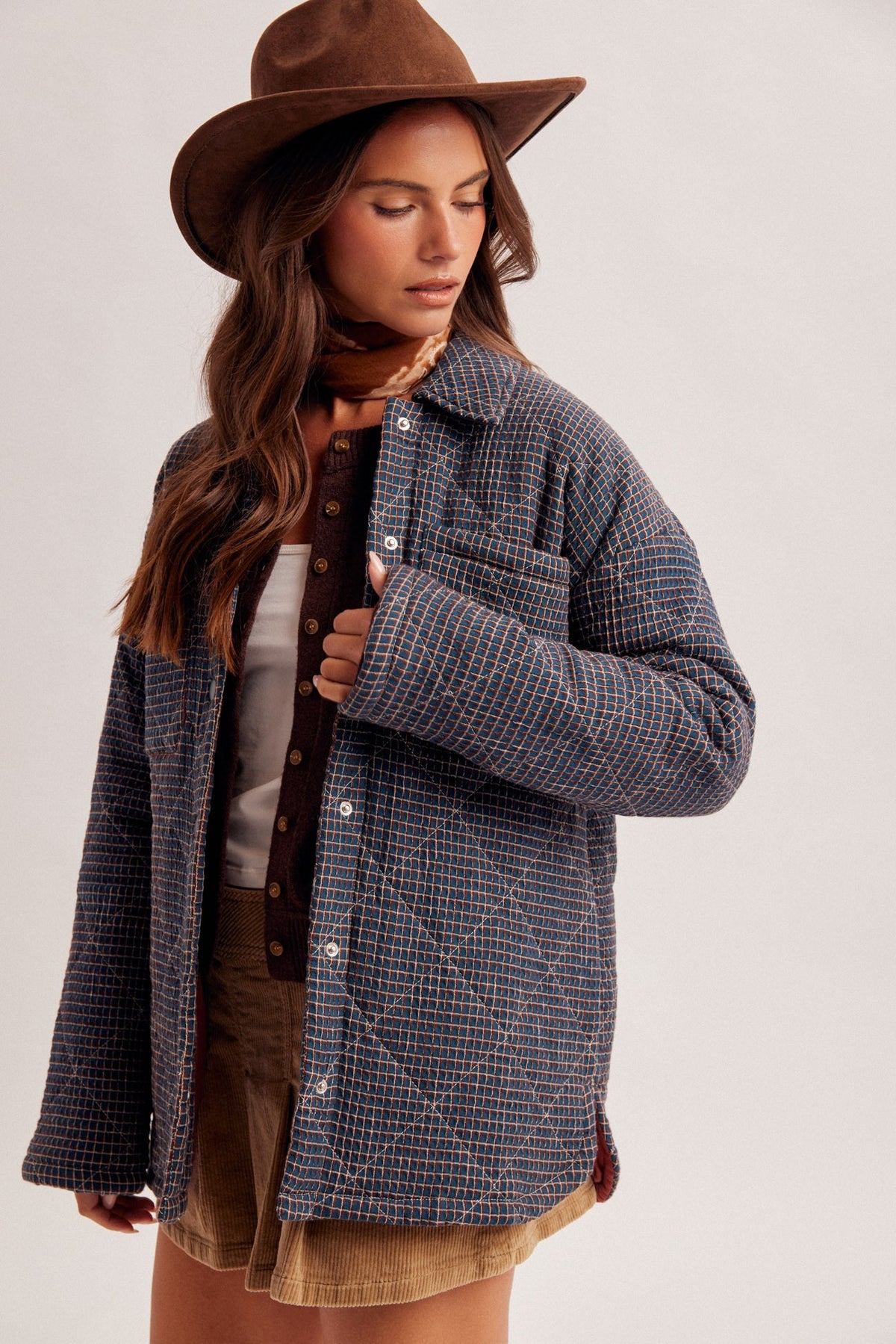 Katelynn Navy Checker Print Button Front Side Slit Oversized Puffer Jacket