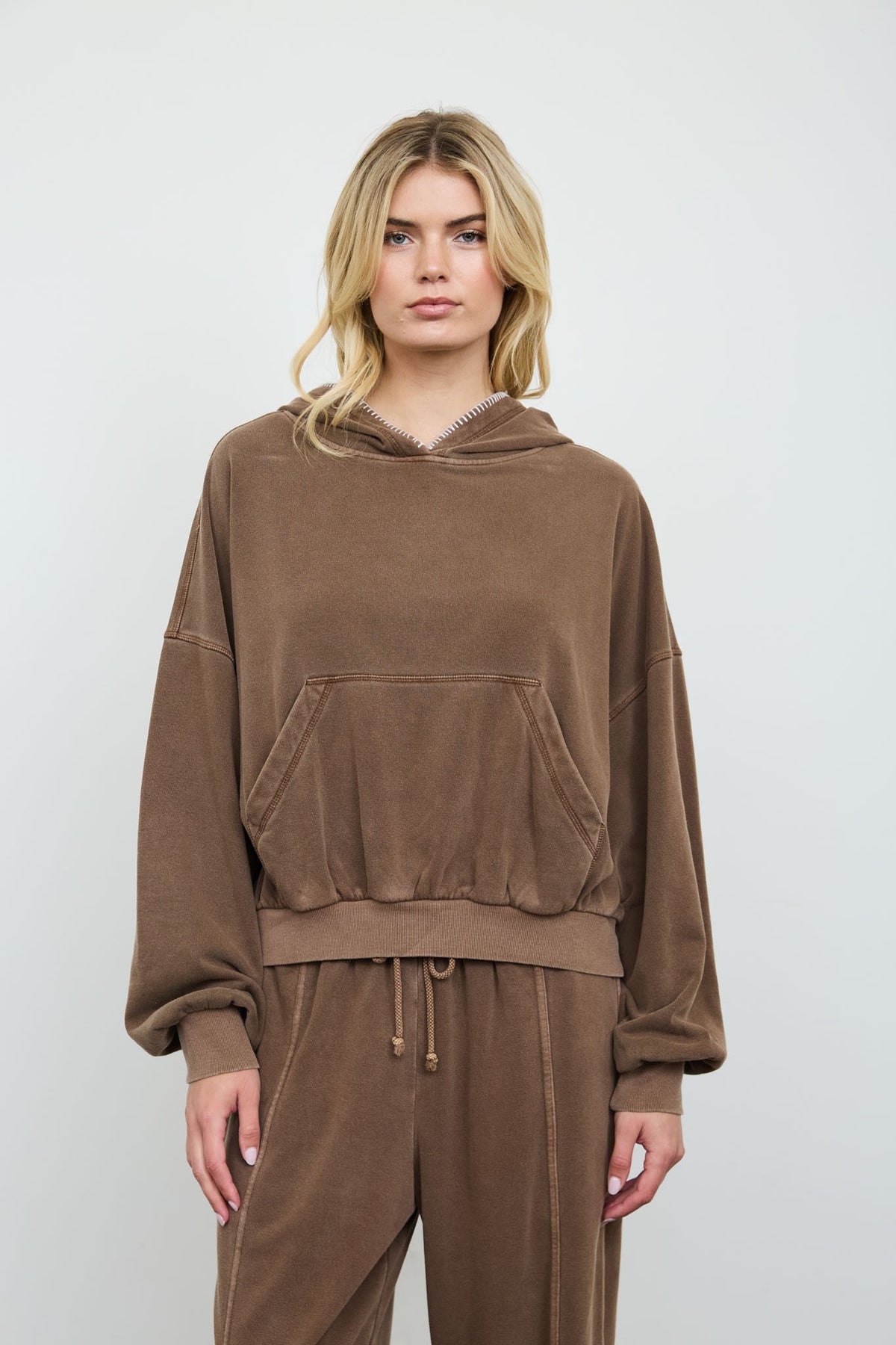 Juli Brown Cropped Hooded Kangaroo Pocket Knit Top