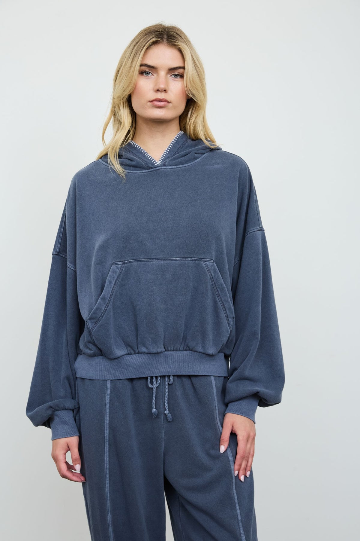 Juli Navy Cropped Hooded Kangaroo Pocket Knit Top