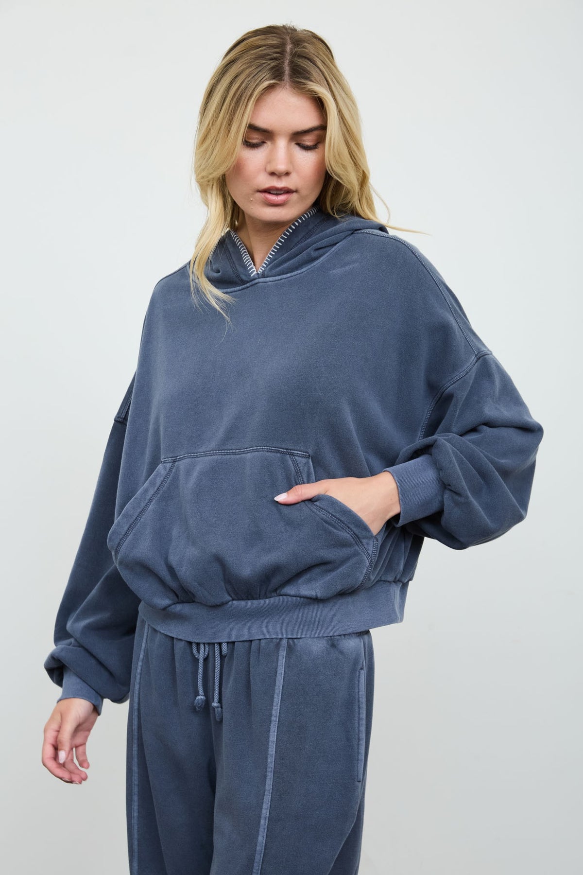 Juli Navy Cropped Hooded Kangaroo Pocket Knit Top