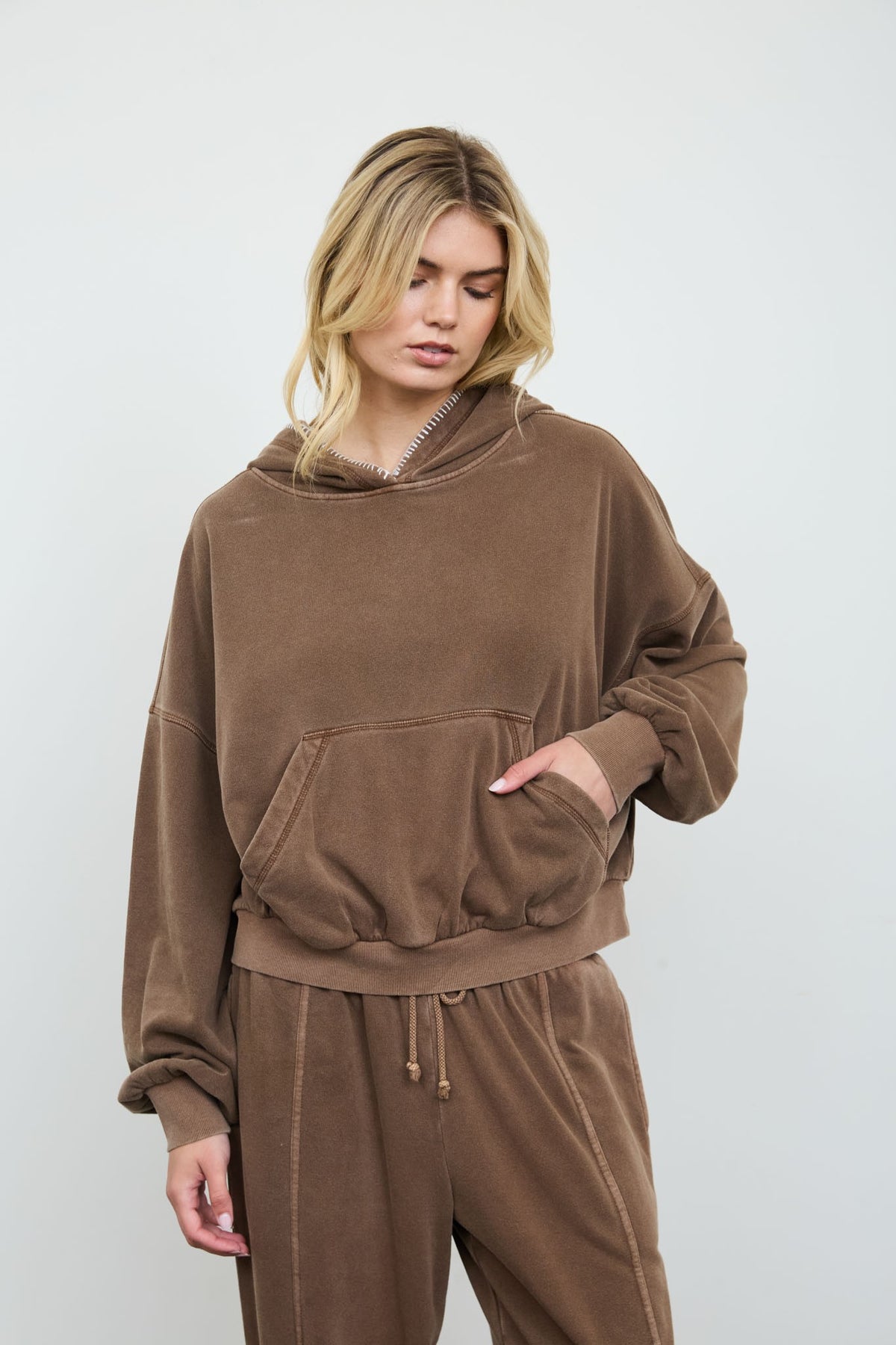 Juli Brown Cropped Hooded Kangaroo Pocket Knit Top