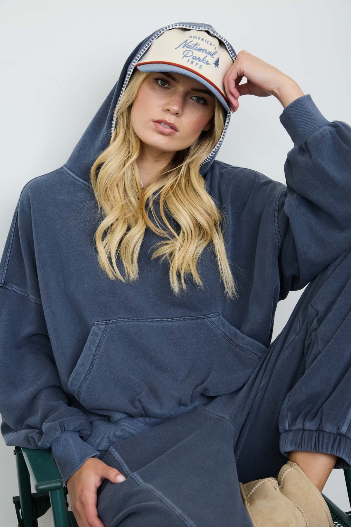 Juli Navy Cropped Hooded Kangaroo Pocket Knit Top