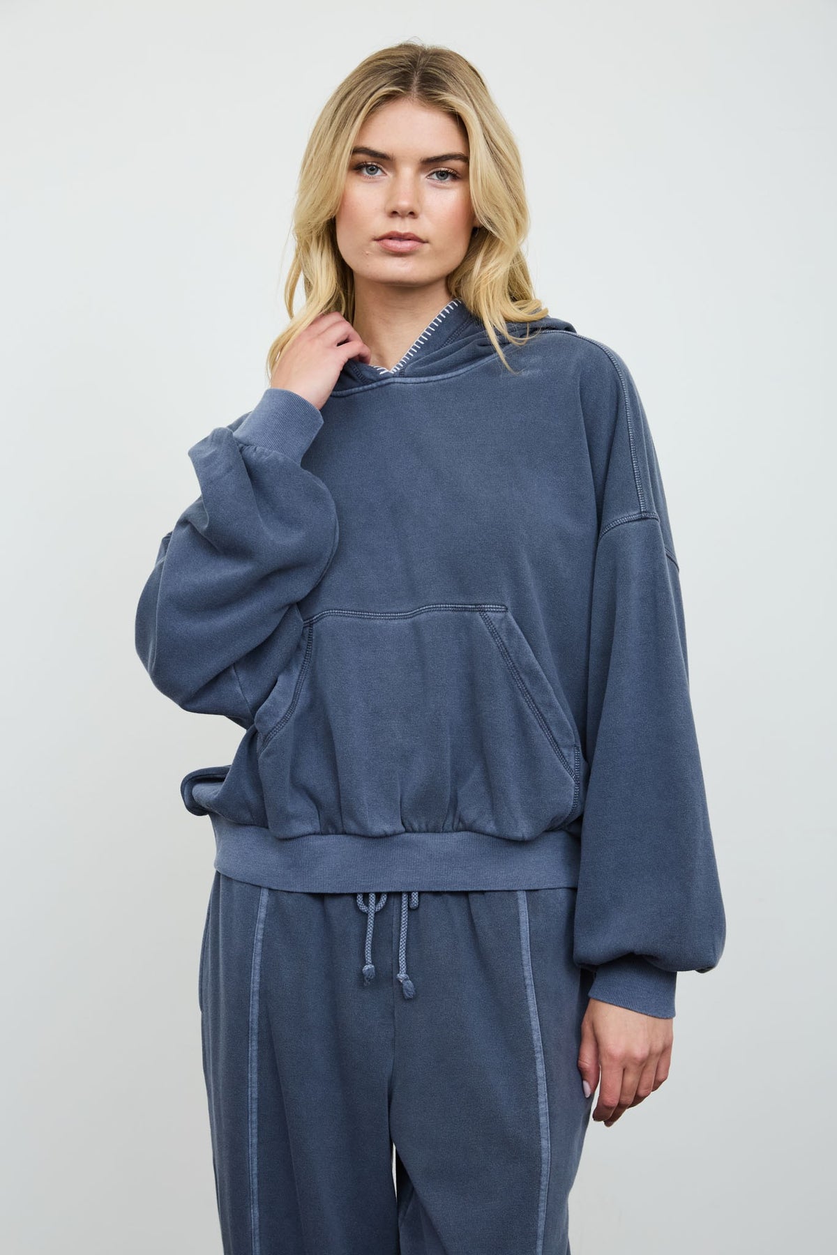 Juli Navy Cropped Hooded Kangaroo Pocket Knit Top