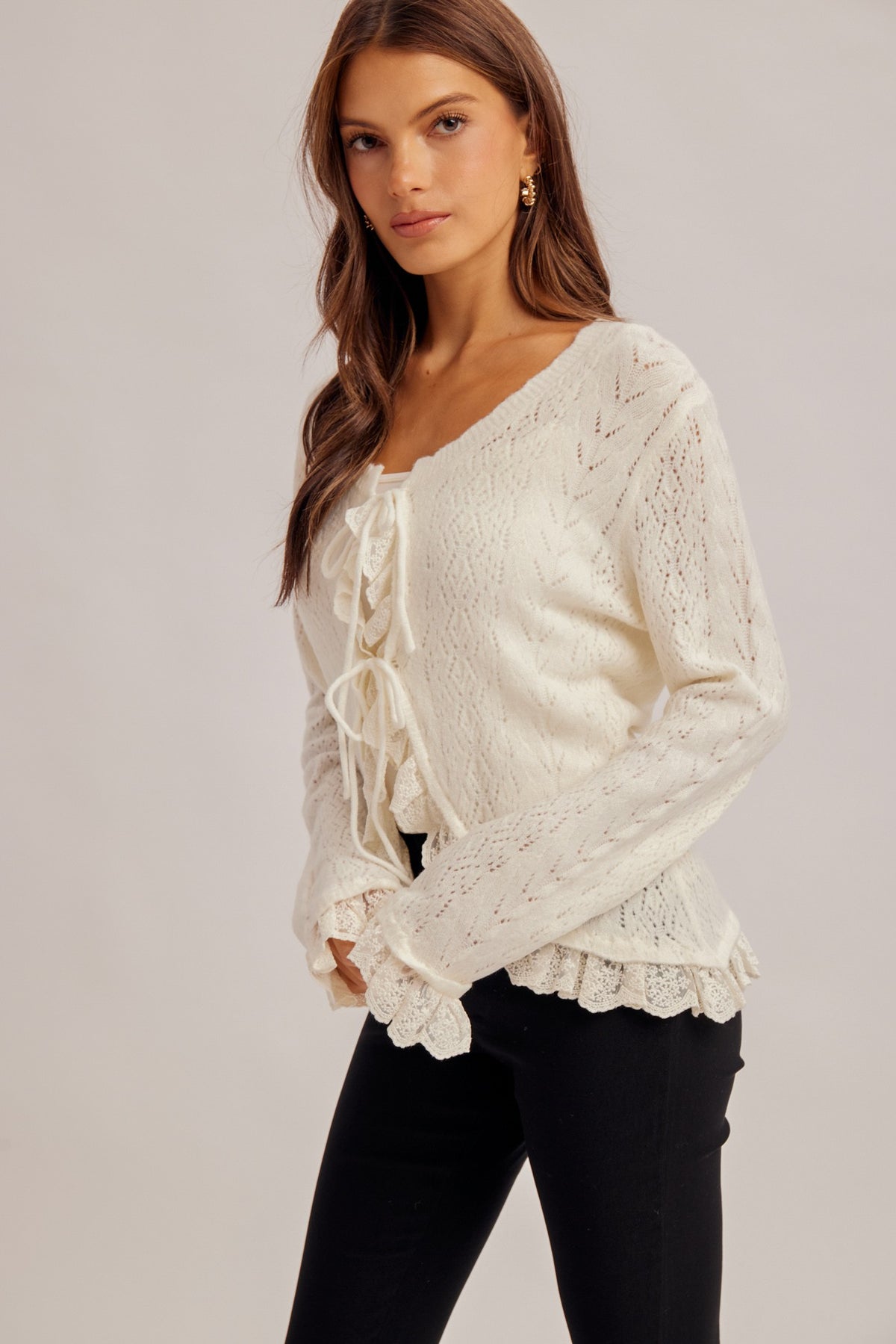 Lace Detail Ribbon Tied Cardigan