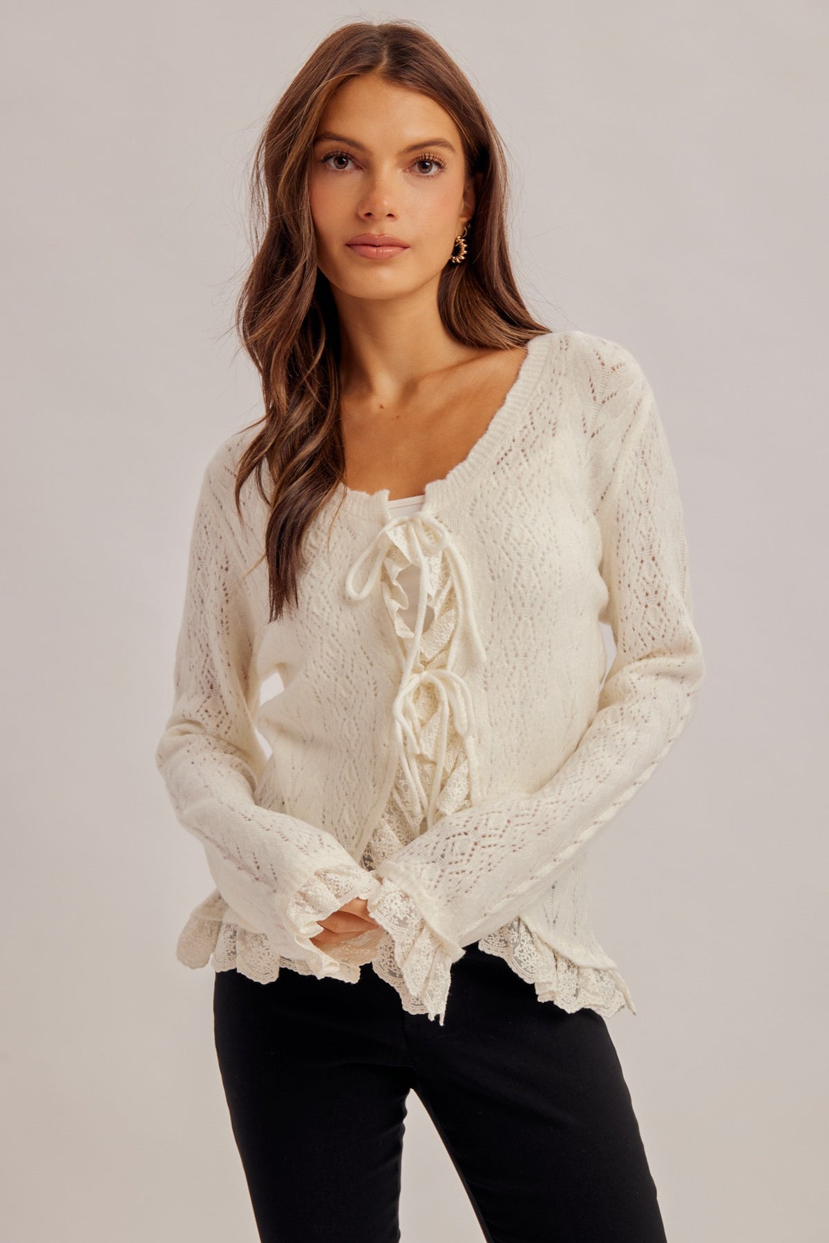 Lace Detail Ribbon Tied Cardigan