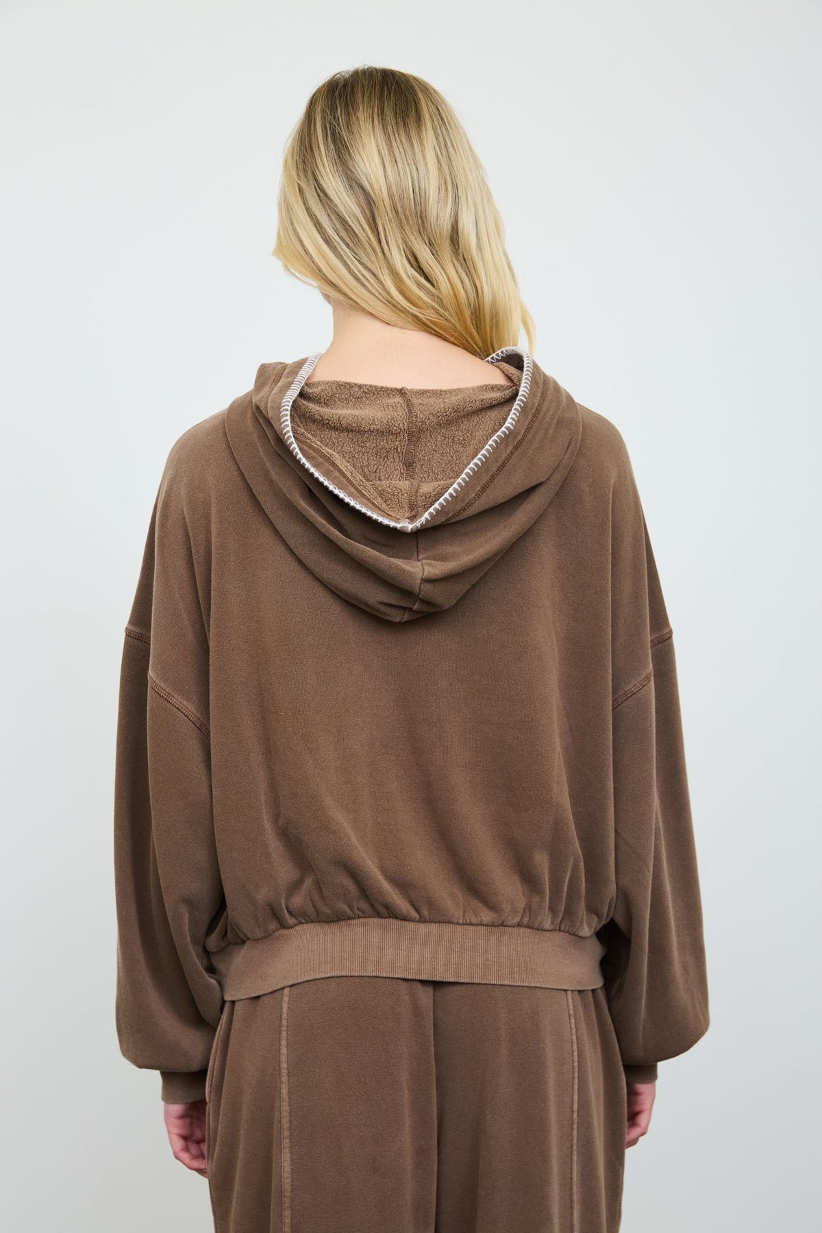 Juli Brown Cropped Hooded Kangaroo Pocket Knit Top