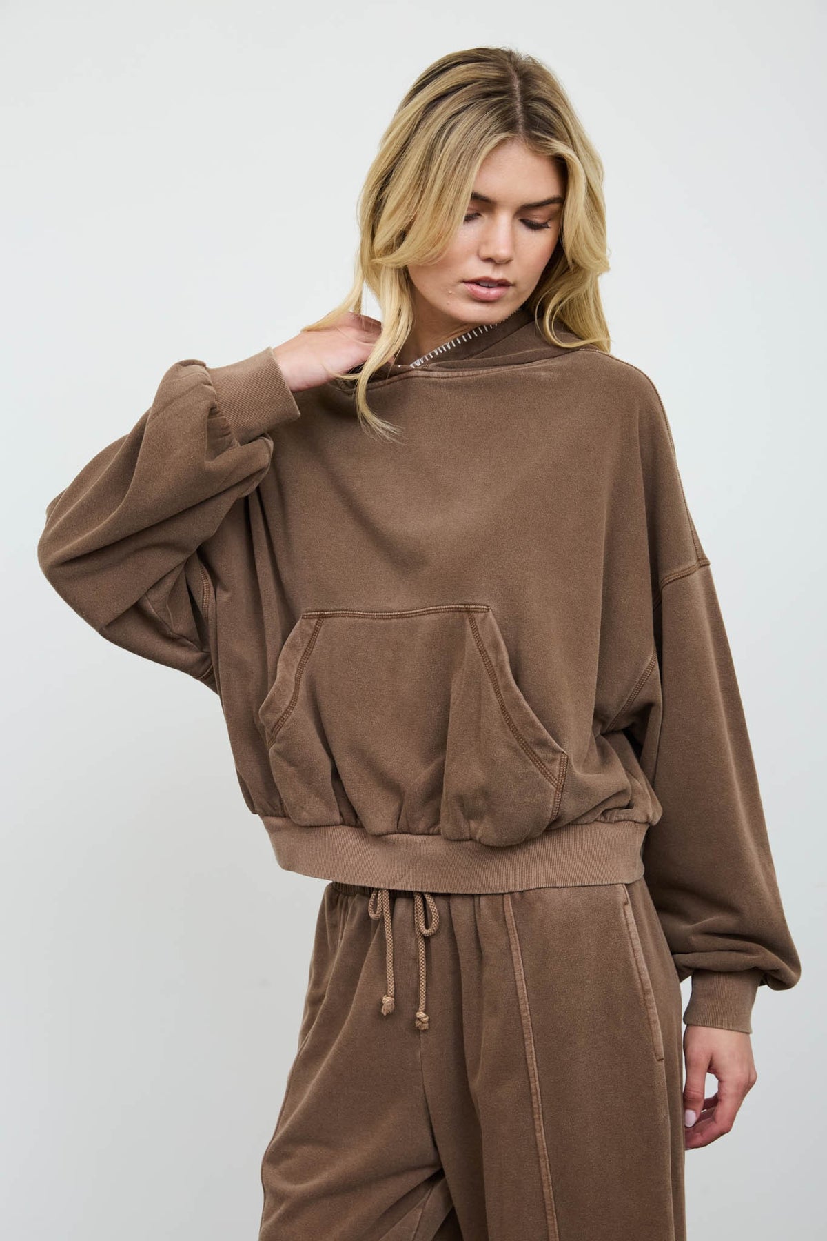 Juli Brown Cropped Hooded Kangaroo Pocket Knit Top