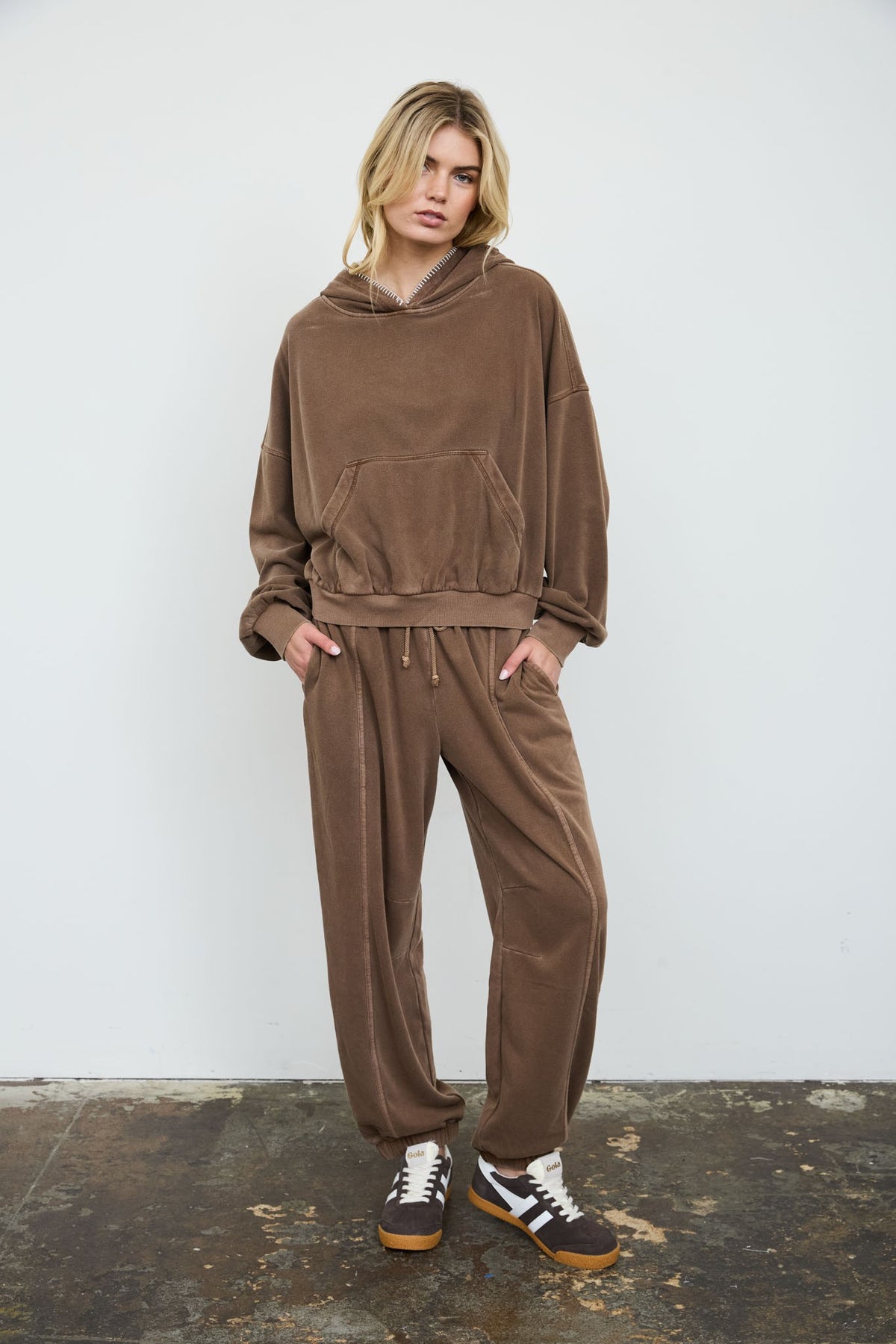 Juli Brown Cropped Hooded Kangaroo Pocket Knit Top