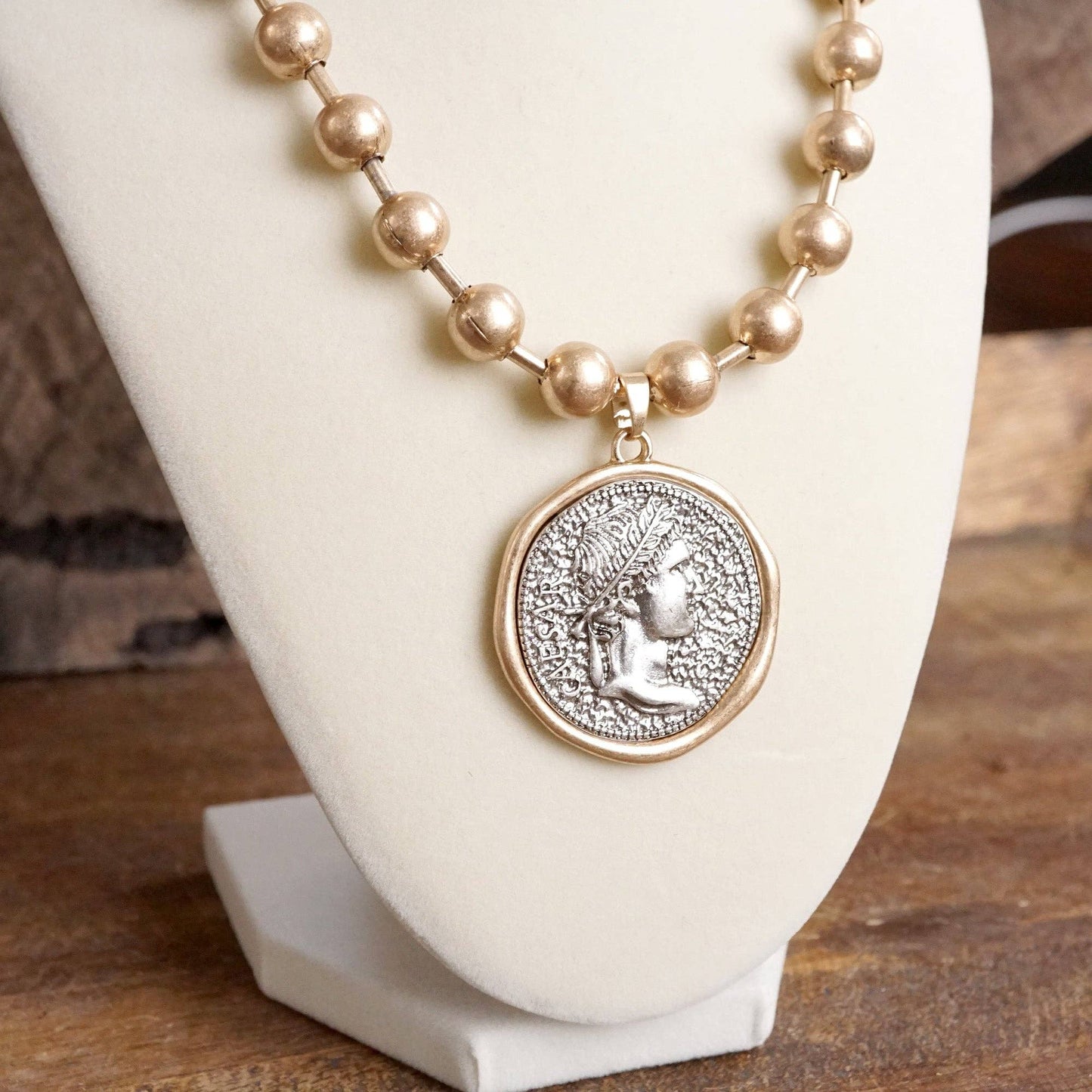 Coin Chunky Ball Chain Statement Necklace in Gold Tones