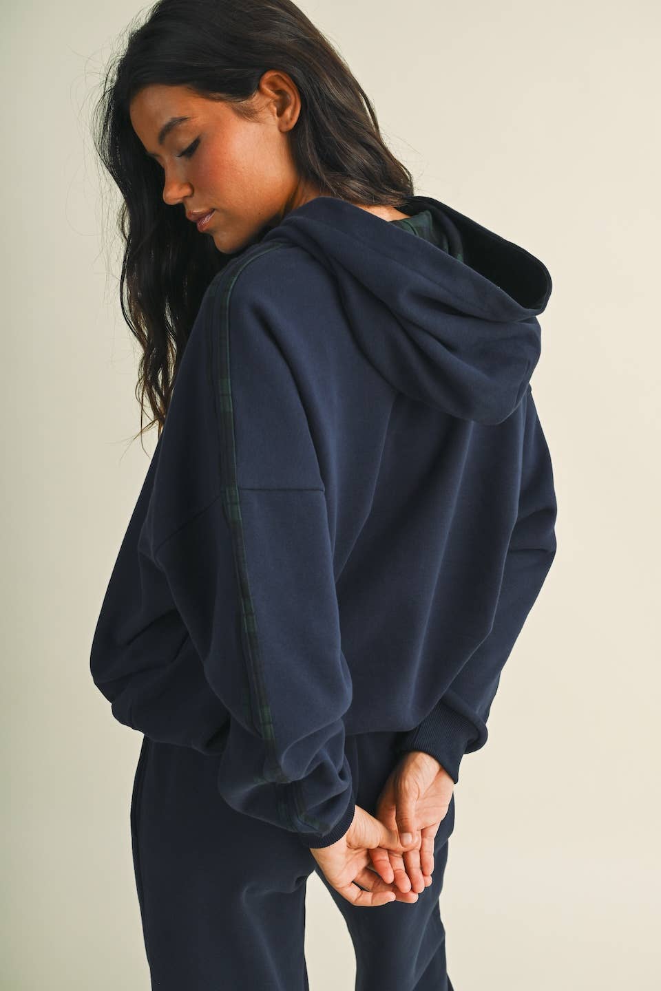 Jessica Plaid Side Stripe Oversized Pullover Hoodie in Navy