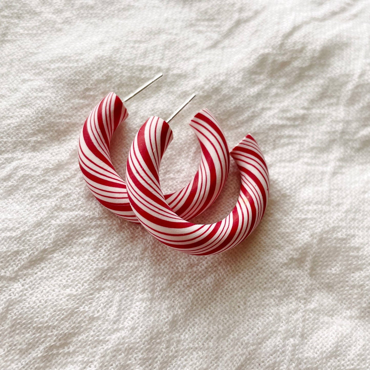 Candy Cane Hoops - Red | Polymer Clay Christmas Earrings