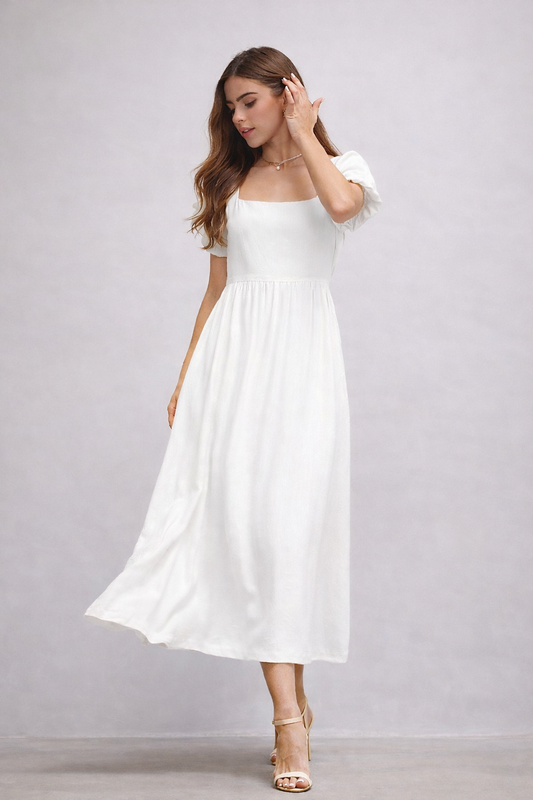 Bailey Square Neck Back Slit Puff Maxi Dress in Ivory
