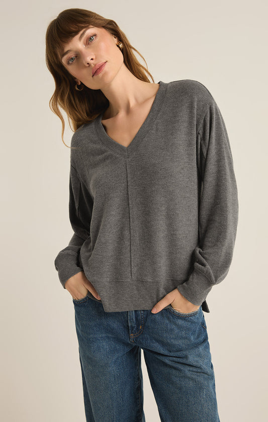 Wilder Cloud V Neck Top in Charcoal Heather