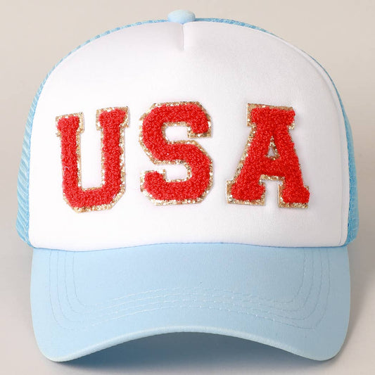 USA Chenille Patched Trucker Hat in Light Blue