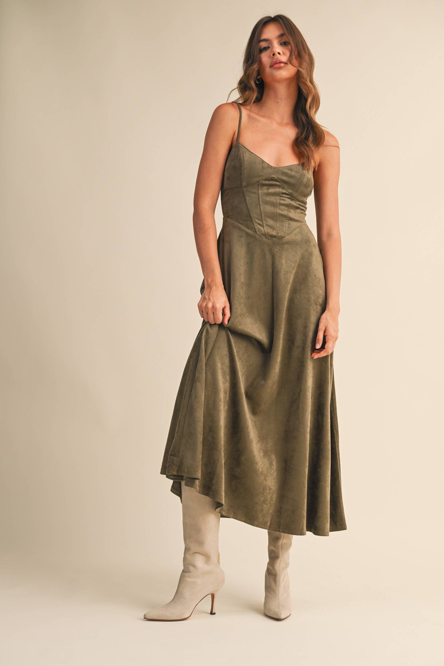 Emma Suede Corset Midi Dress in Camel