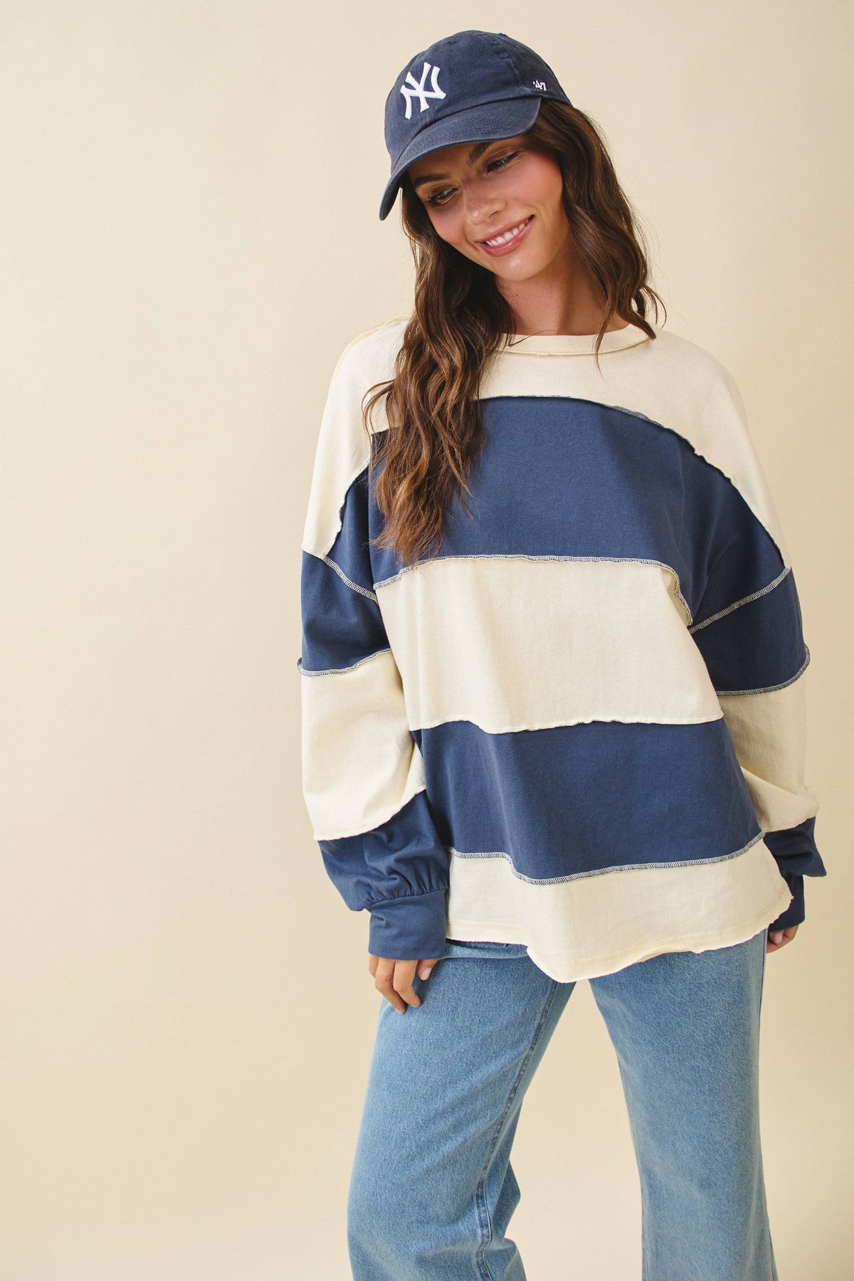 Angela Oversized Color Block Long Sleeve Pullover in Navy