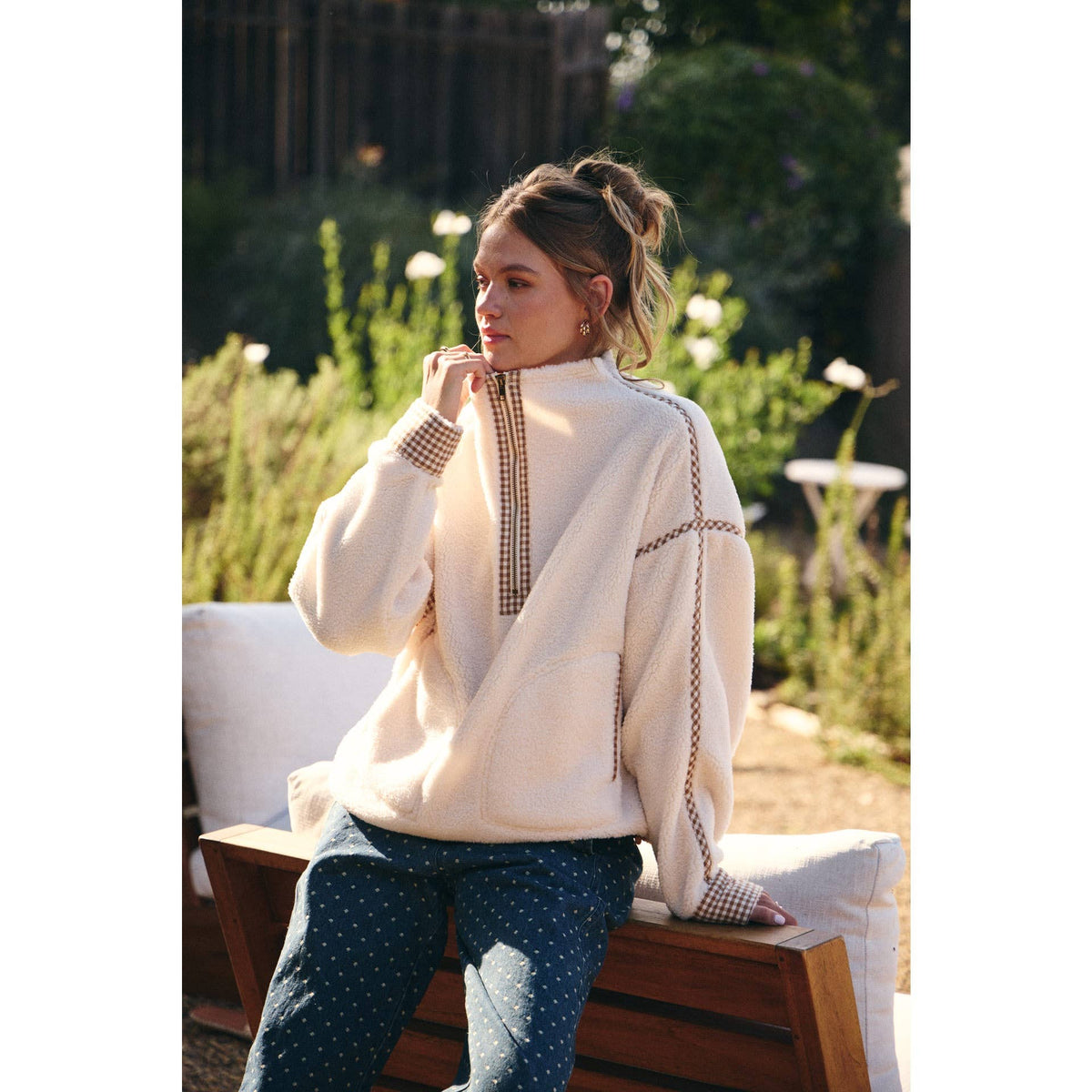 Morgan Gingham Sherpa Half Zip Pull Over