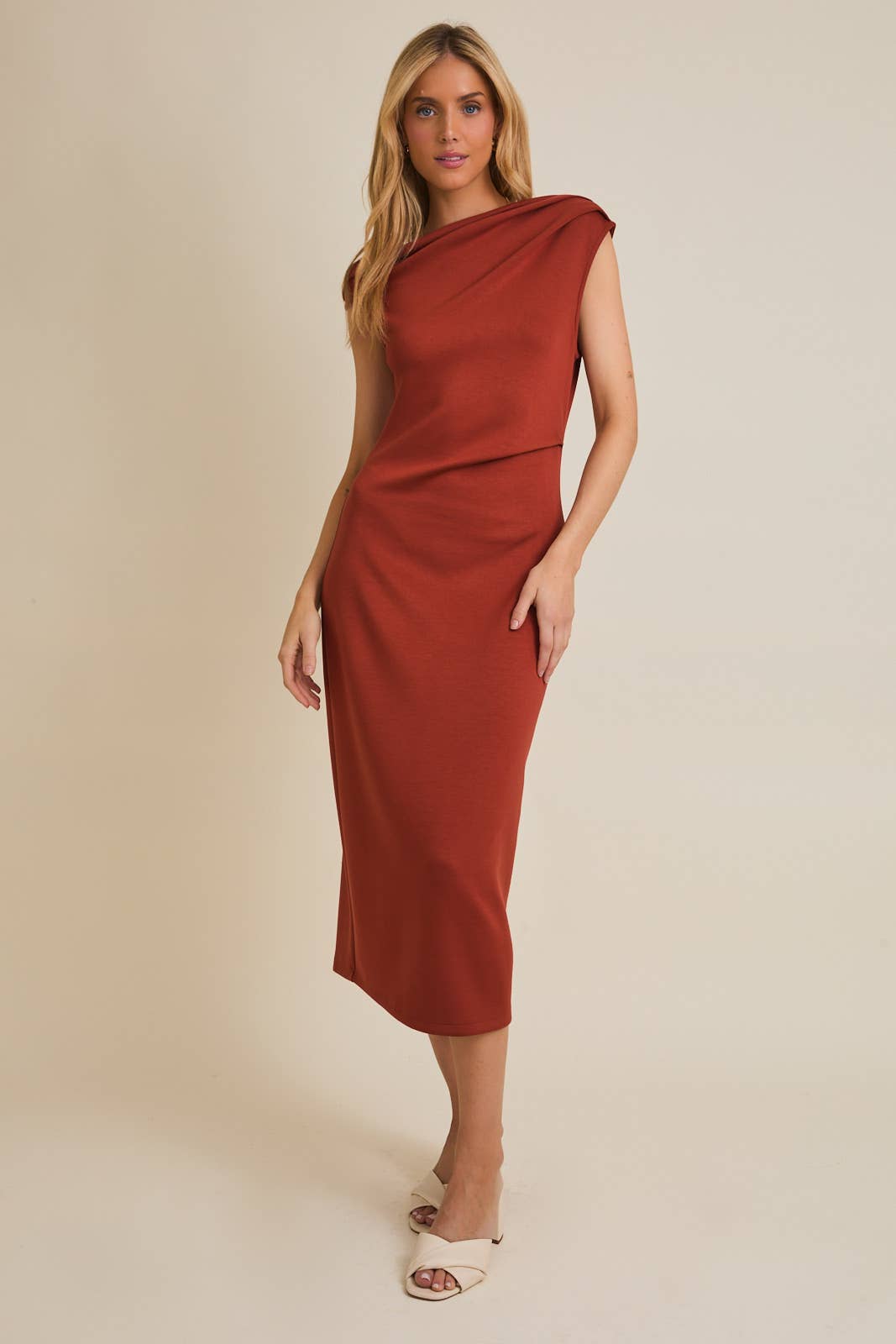Lauren One Shoulder Midi Dress in Rust