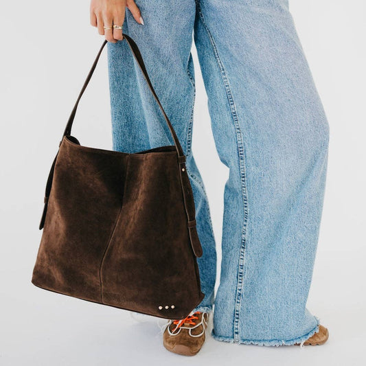 Evie Suede Hobo Shoulder Bag in Chocolate