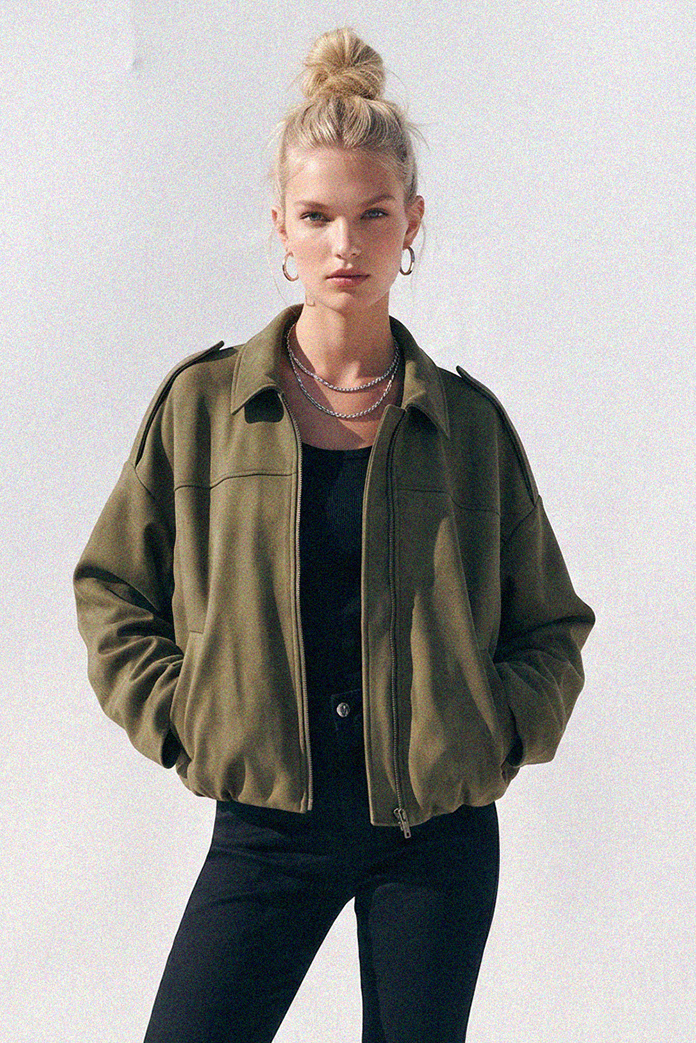 Willow Micro Faux Suede Bomber Jacket in Olive