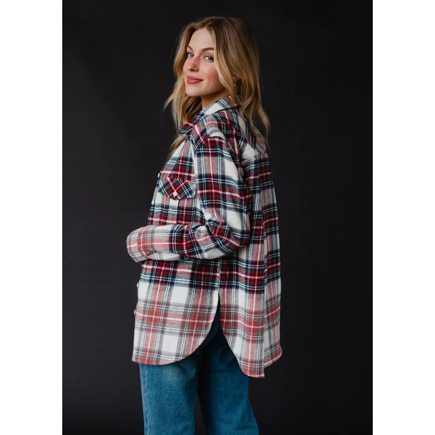 Selena Cream, Navy, Red & Green Plaid Flannel