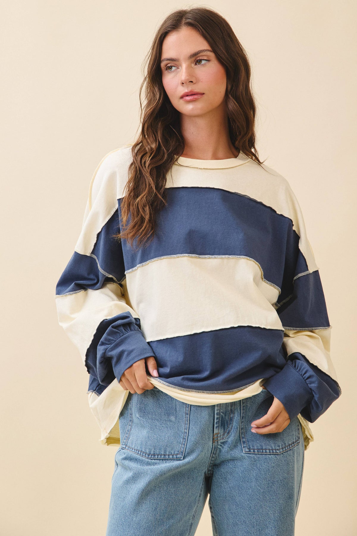Angela Oversized Color Block Long Sleeve Pullover in Navy