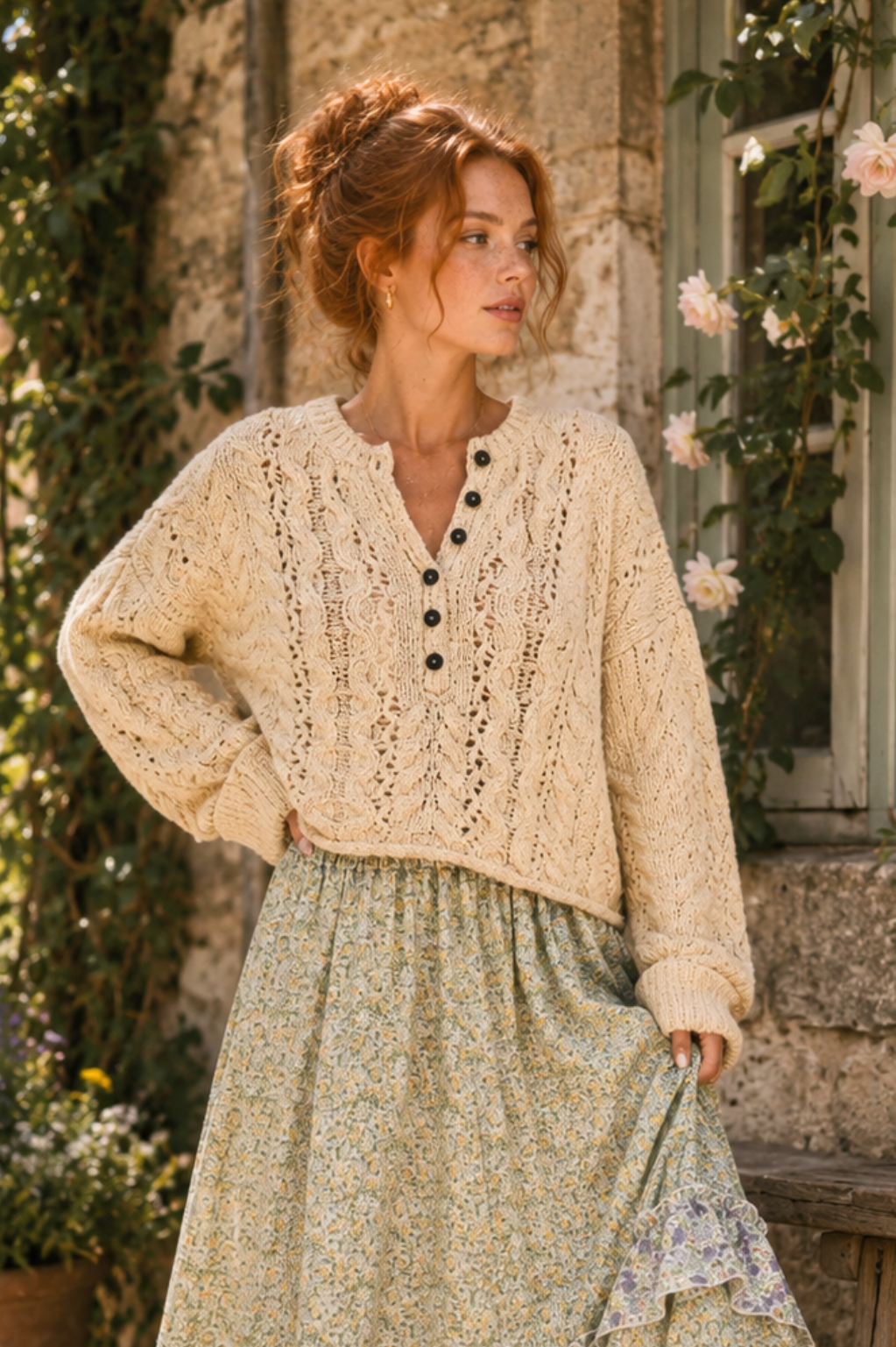Alayna Textured Cropped Henley Knit Sweater in Pearl