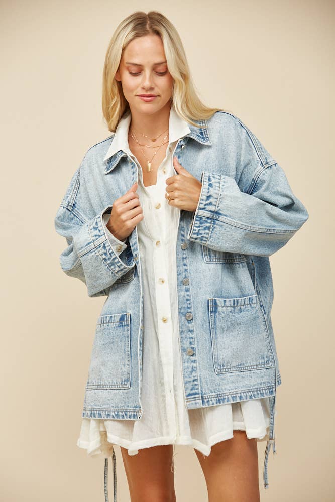 Adeline Boho Side Tie Oversized Denim Jacket