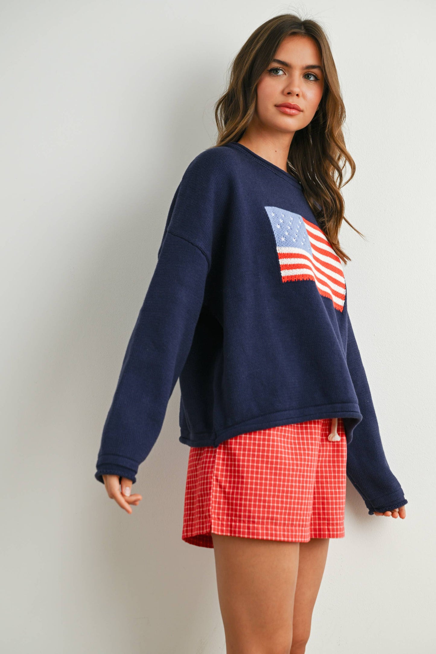 Renae Graphic Knit Long Sleeve Top in Navy