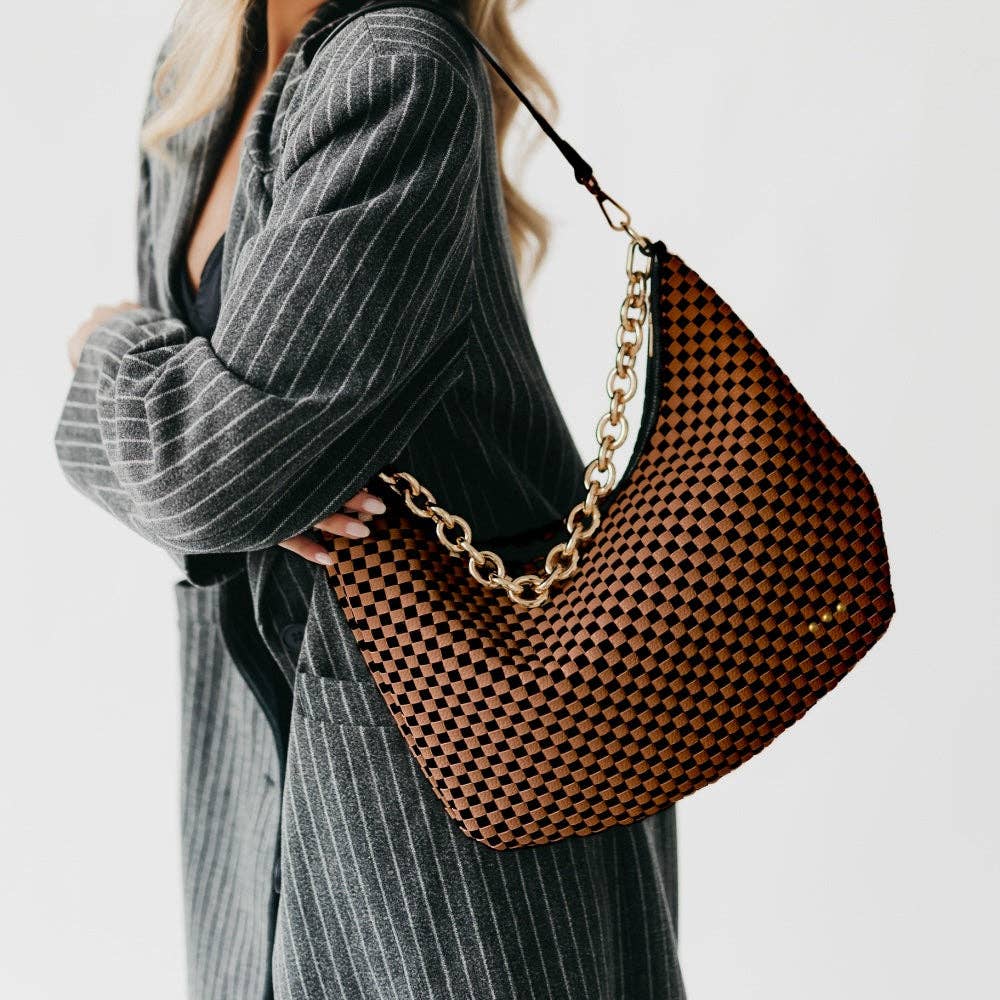 Sienna Slouchy Woven Shoulder Bag in Checkered Tan