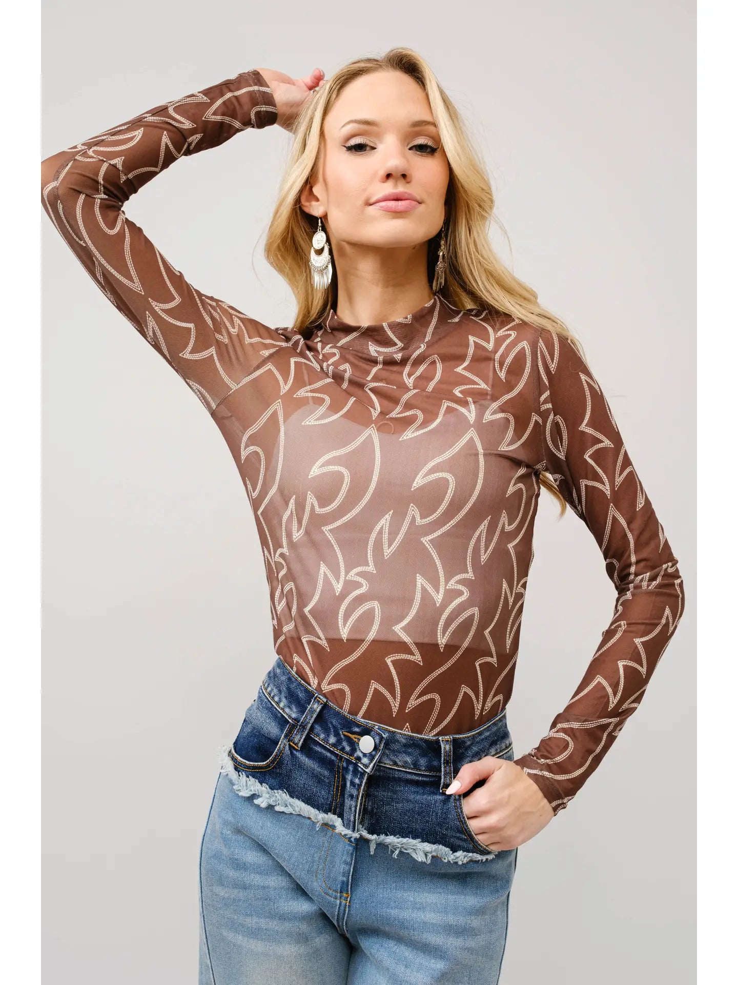 Paige Boots Stitch Throughout Mesh Mock Neck Fitted Top