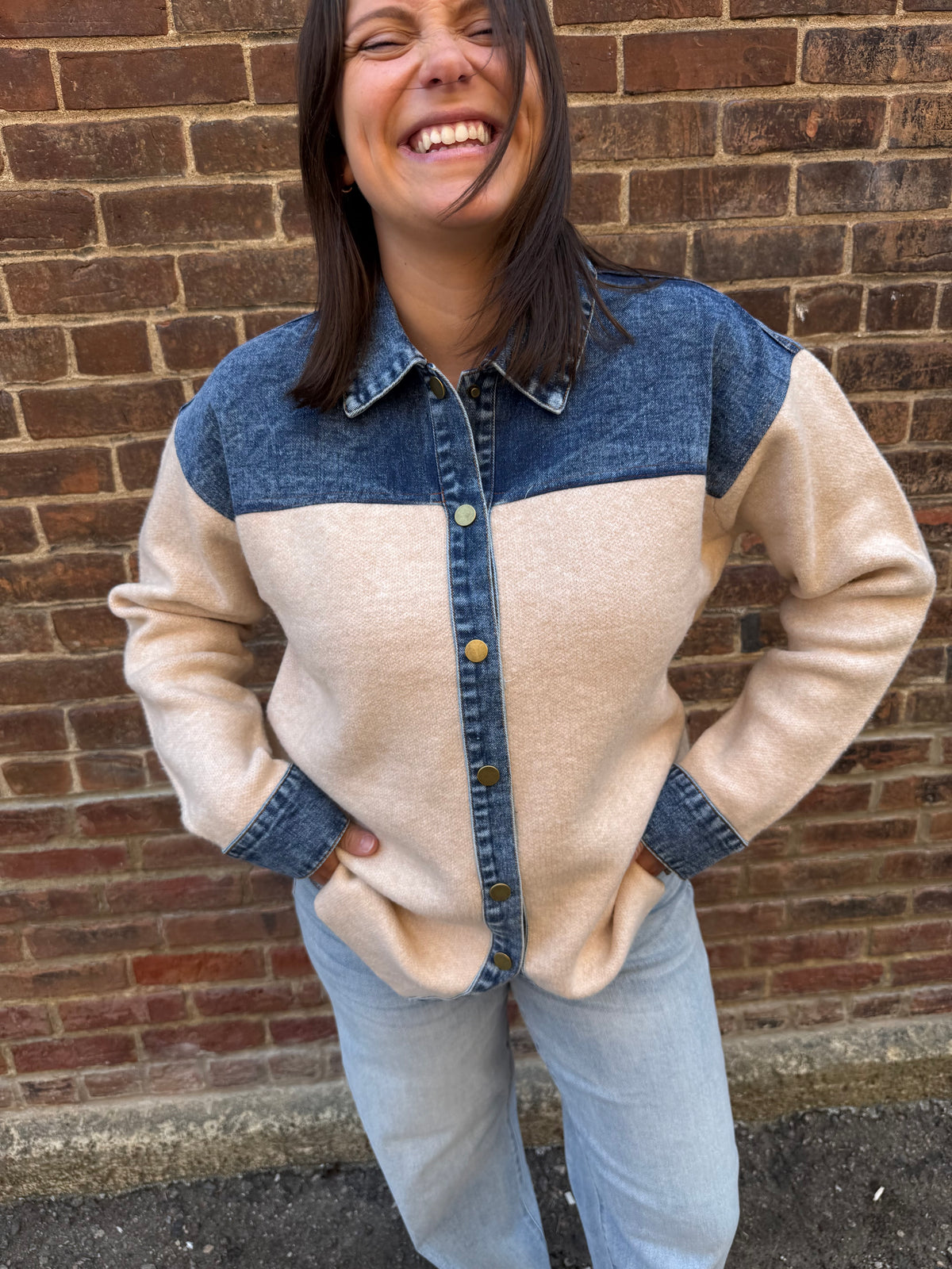 Wrenlee Denim Mixed Snap Button Down in Brown