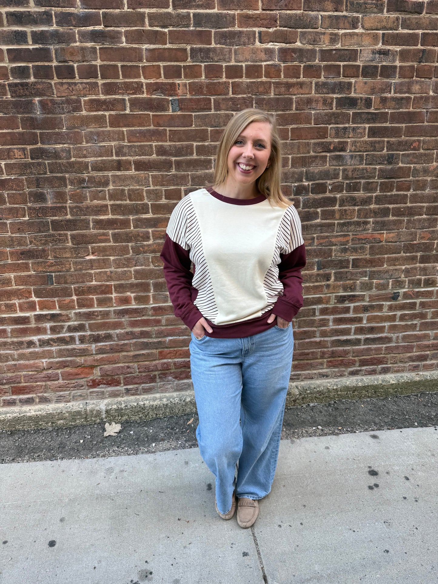 Ember Striped Terry Sweatshirt in Maroon