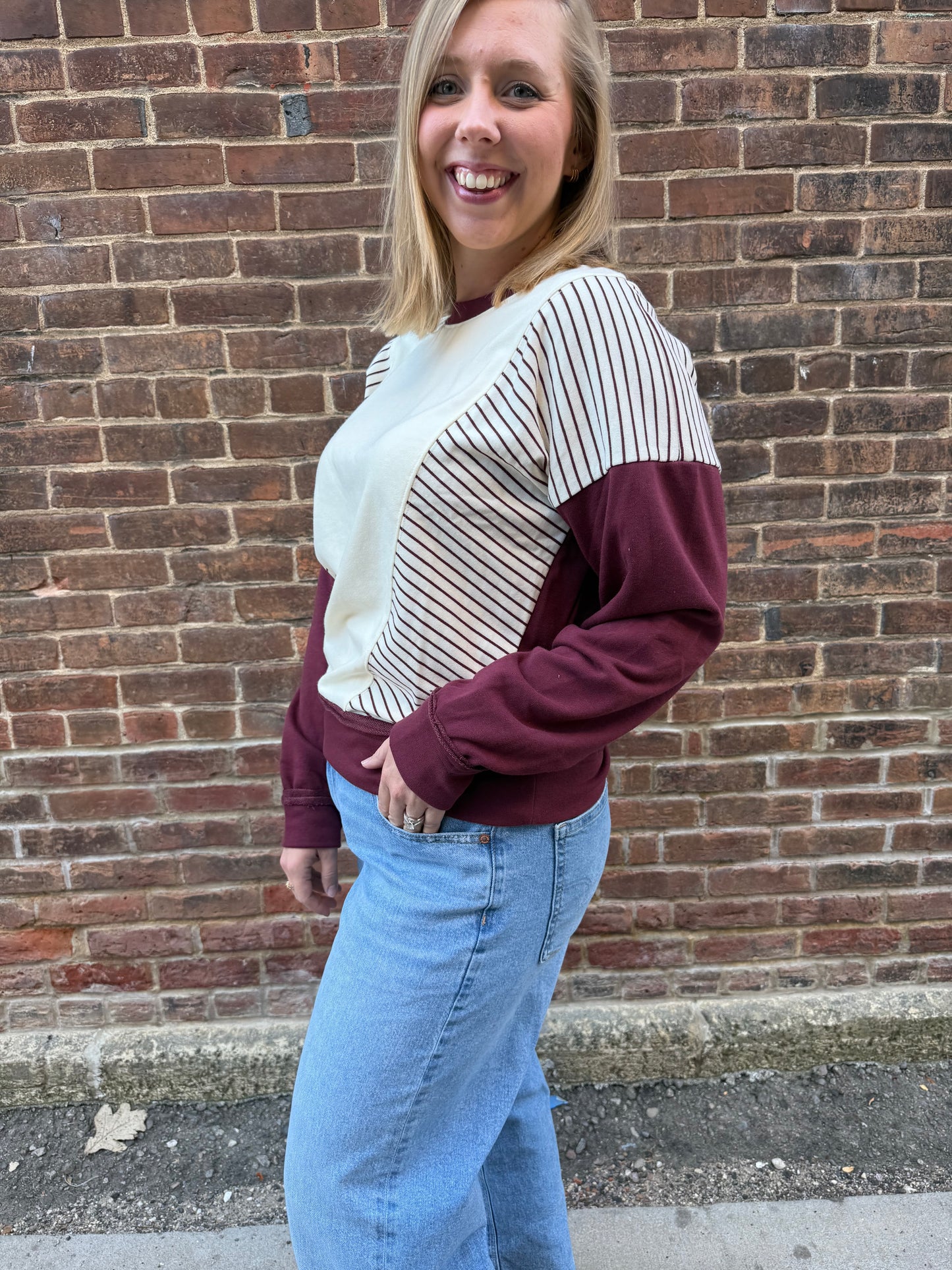 Ember Striped Terry Sweatshirt in Maroon