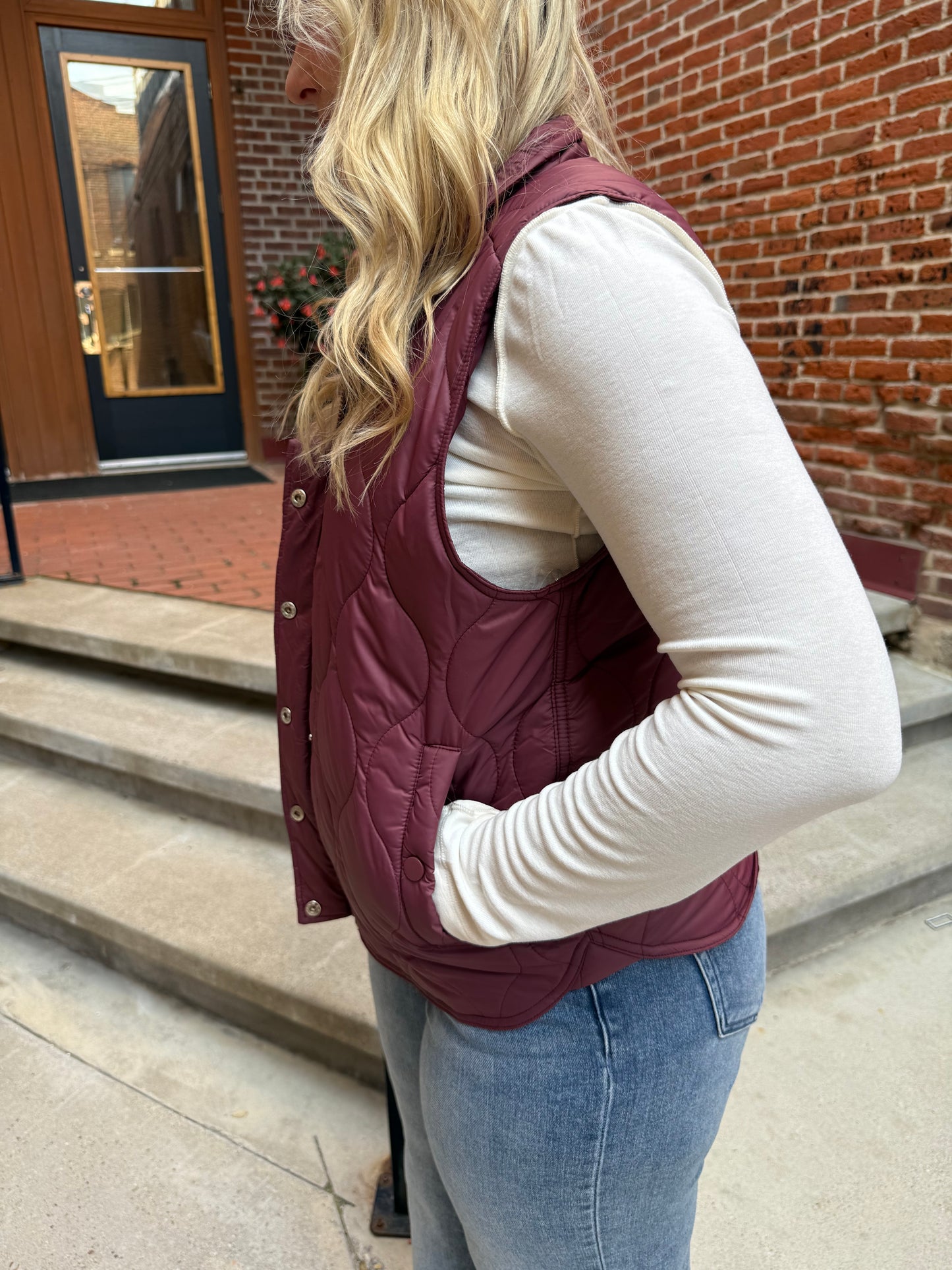 Alanna Quilted Vest Snap Buttons in Burgundy