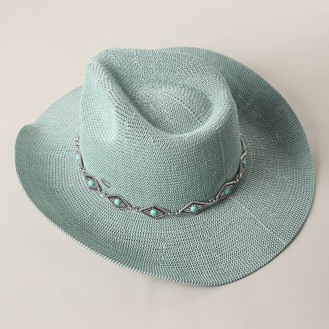 Cowboy Straw Hat With Turquoise Metal Band