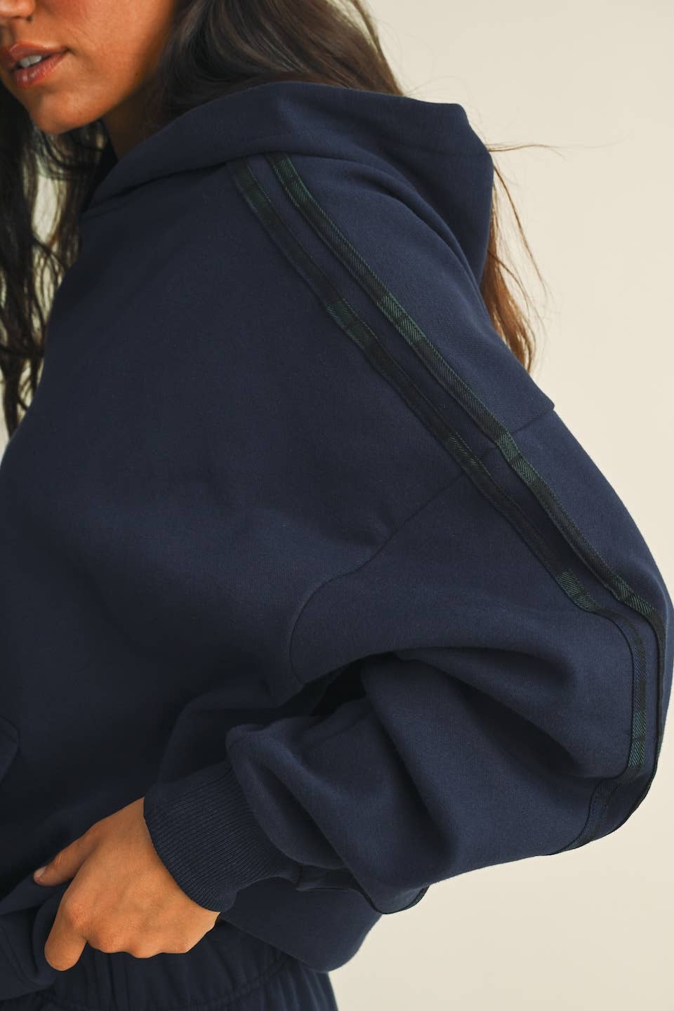 Jessica Plaid Side Stripe Oversized Pullover Hoodie in Navy