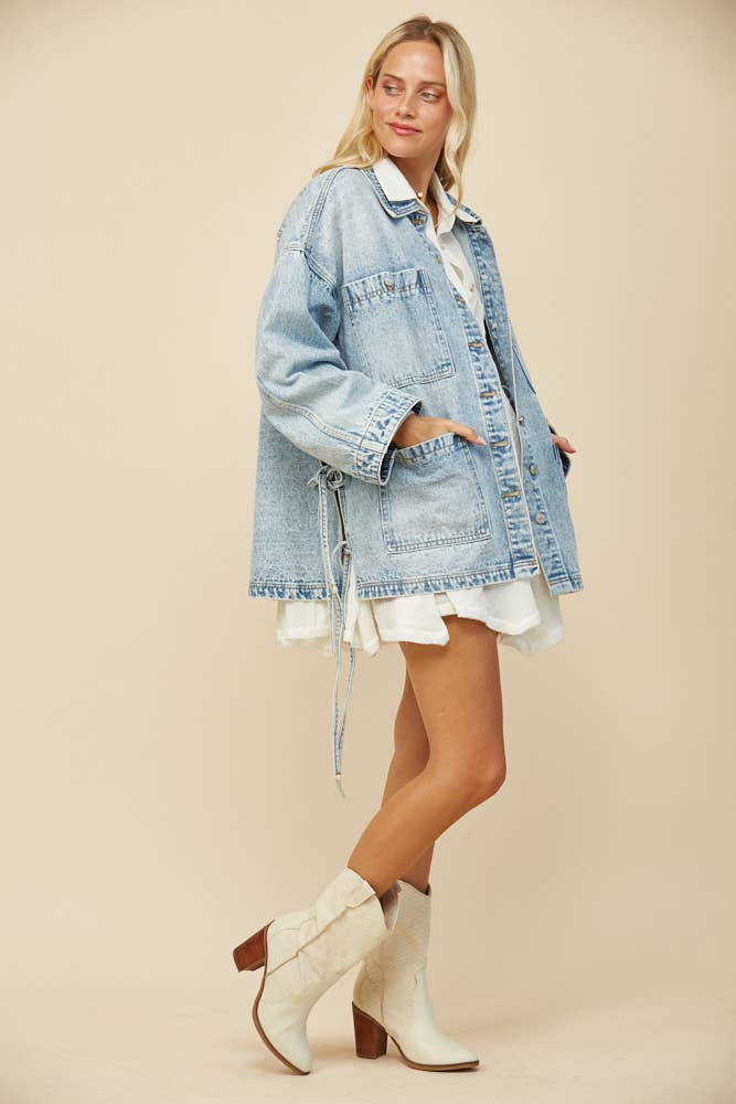 Adeline Boho Side Tie Oversized Denim Jacket