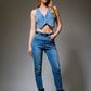 Stephanie Plunge Neck Hook Closure Bustier Crop Denim Top